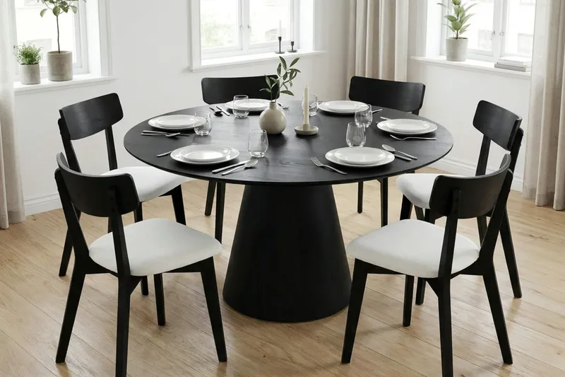 Siena spisegruppe 150 cm rund i sort med 6 Amelia spisestole med hynde - Sort/Beige - Havemøbler - Udendørsgruppe - Havesæt