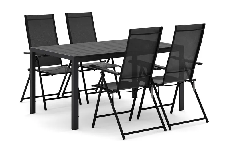 Siri rektangulært havebord 150 cm med 4 Sanna havestole, Sort