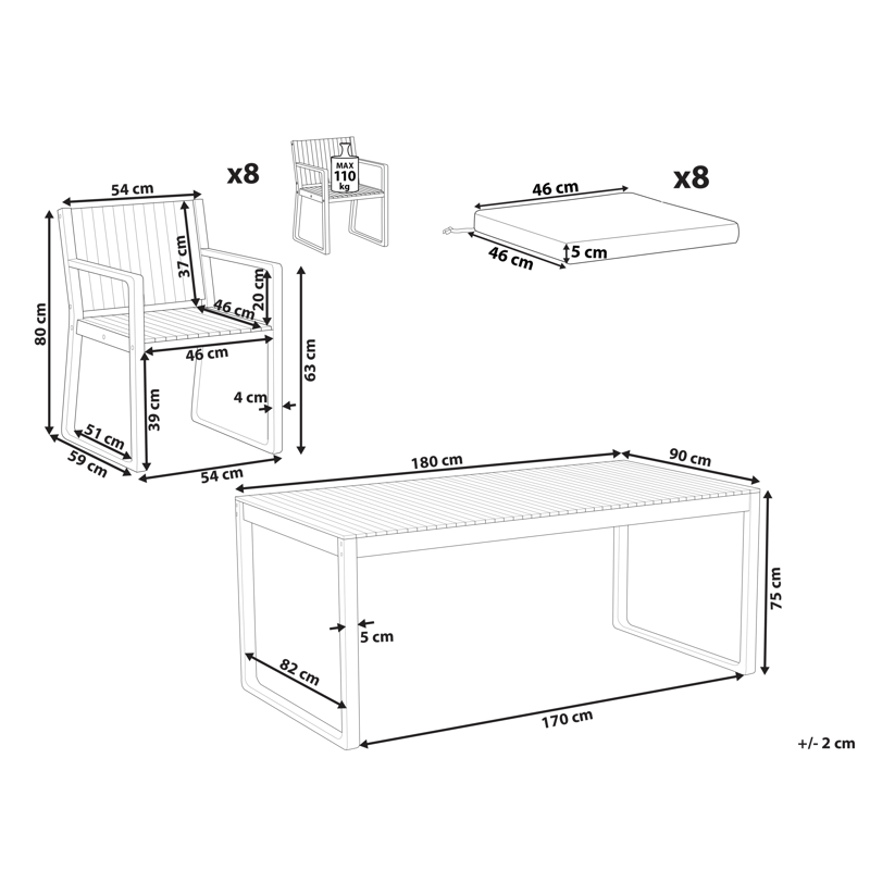 Spisegruppe udendørs 8-personers Sassari Premium med hynder akacietræ - Brun/Rød - Havemøbler - Udendørsgruppe - Havesæt