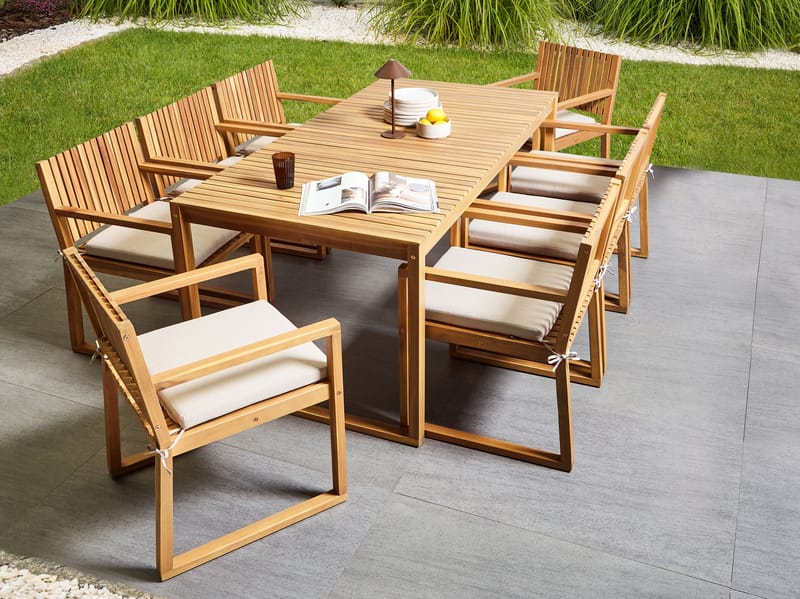 Spisegruppe udendørs 8-personers Sassari Premium med hynder akacietræ - lys beige - Havemøbler - Udendørsgruppe - Havesæt