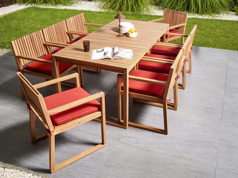 Spisegruppe udendørs 8-personers Sassari Premium med hynder akacietræ - Brun/Rød - Havemøbler - Udendørsgruppe - Havesæt