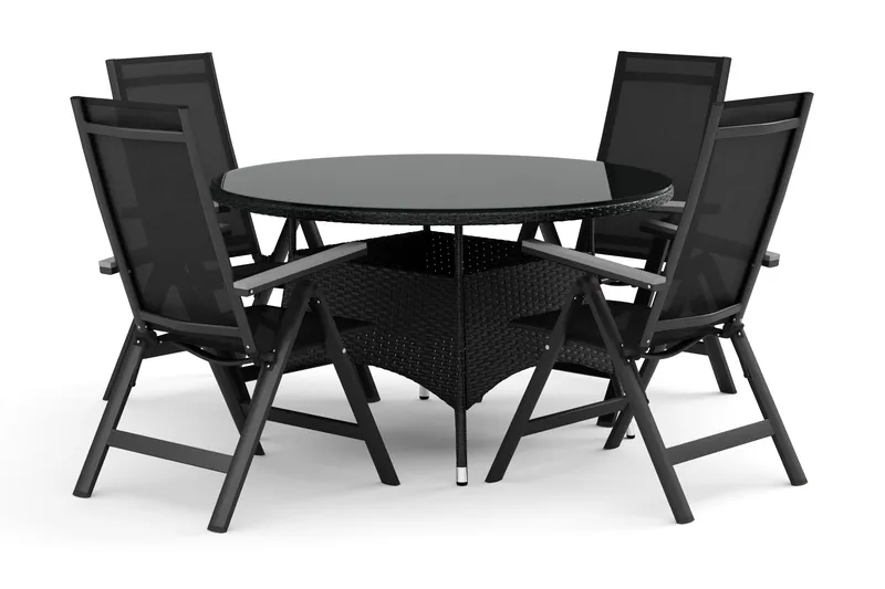 Thor udendørs rund spisegruppe 140 cm med 4 Monaco Light positionsstole, Sort