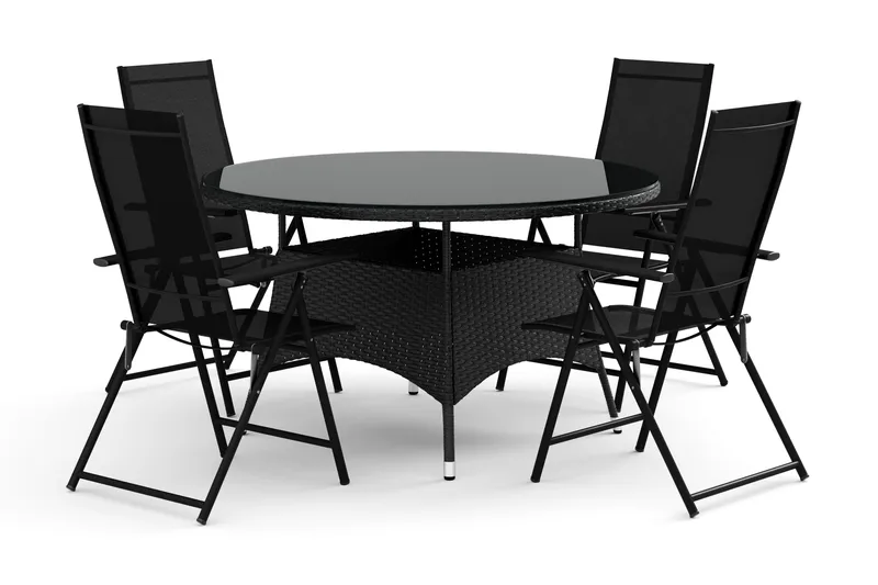 Thor udendørs rund spisegruppe 140 cm med 4 Sanna positionsstole, Sort