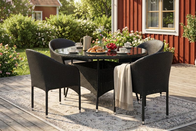 Thor udendørs rund spisegruppe 140 cm med 4 Thor lænestole - Sort - Havemøbler - Udendørsgruppe - Havesæt