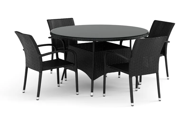 Thor udendørs rund spisegruppe 140 cm med 4 Thor Light udendørs lænestole, Sort