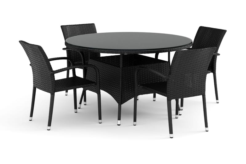Thor udendørs rund spisegruppe 140 cm med 4 Thor Light udendørs lænestole, Sort