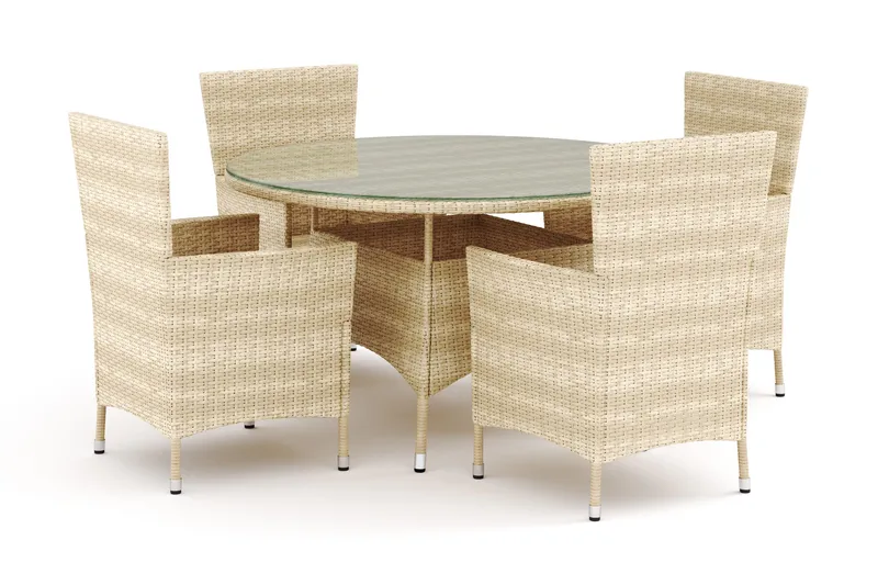 Thor udendørs rund spisegruppe 140 cm med 4 Thor udendørs lænestole, Beige