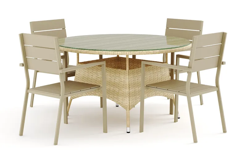 Thor udendørs rund spisegruppe 140 cm med 4 Tunis stabelstole - Beige - Havemøbler - Udendørsgruppe - Havesæt