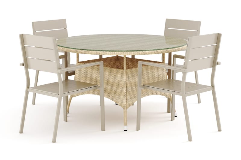 Thor udendørs rund spisegruppe 140 cm med 4 Tunis stabelstole, Beige