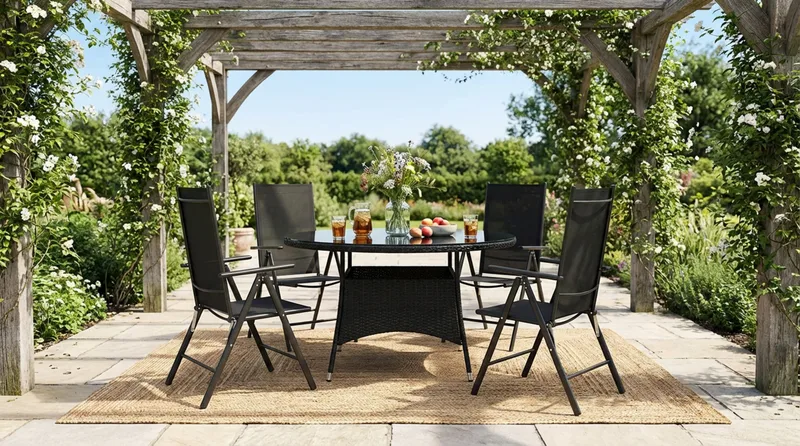 Thor udendørs rundt spisebordssæt 140 cm med 4 Maggie positionsstole - Sort - Havemøbler - Udendørsgruppe - Havesæt