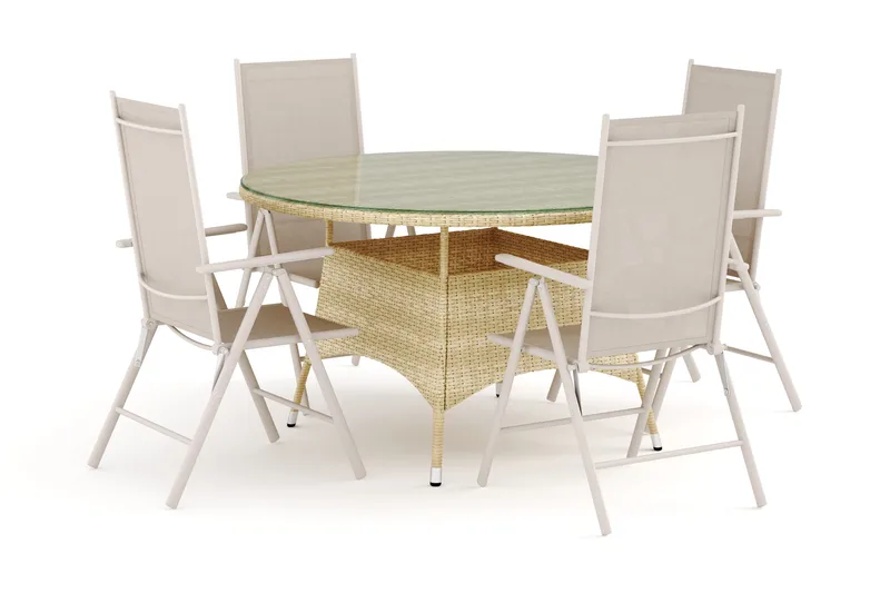 Thor udendørs rundt spisebordssæt 140 cm med 4 Maggie positionsstole - Beige - Havemøbler - Udendørsgruppe - Havesæt