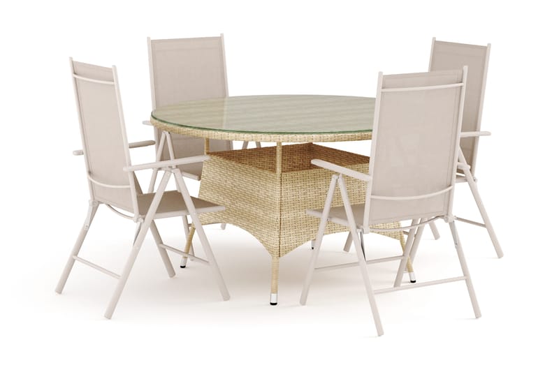 Thor udendørs rundt spisebordssæt 140 cm med 4 Maggie positionsstole, Beige