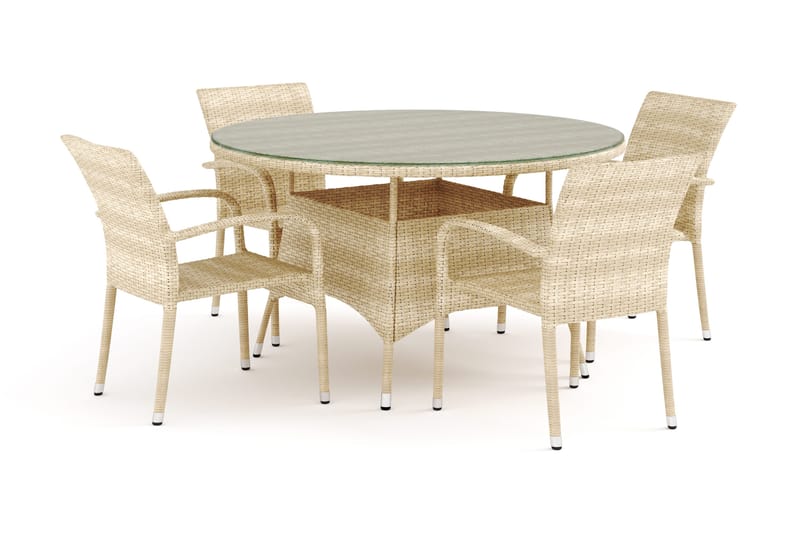 Thor udendørs rundt spisebordssæt 140 cm med 4 Thor Light udendørs lænestole, Beige