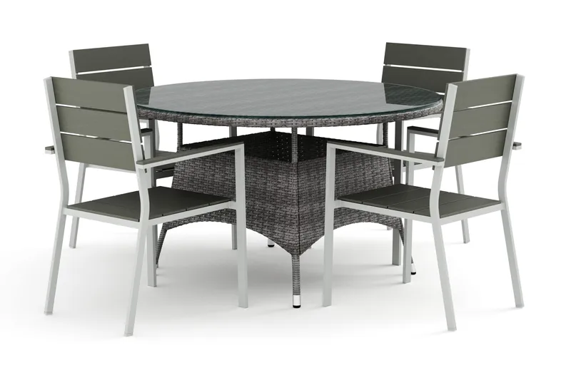 Thor udendørs rundt spisebordssæt 140 cm med 4 Tunis stabelstole, Grå
