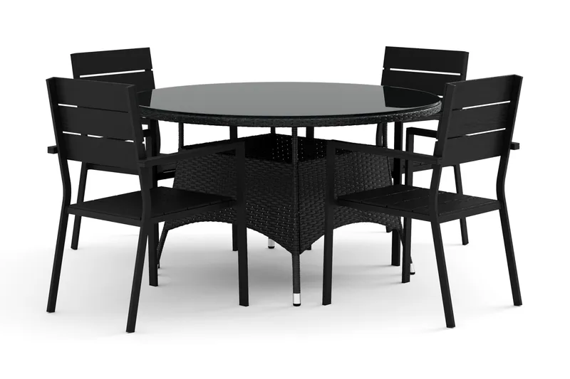 Thor udendørs rundt spisebordssæt 140 cm med 4 Tunis stabelstole, Sort