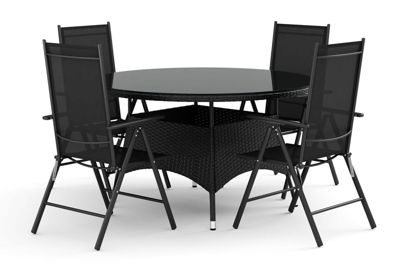 Thor udendørs rundt spisebordssæt 140 cm med 4 positionsstole, Sort