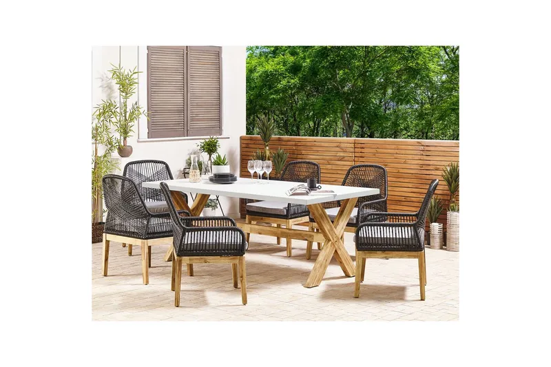 Trädgårdsmöbelset Beliani Olbia 6-sits Krämvit/svart/ljust trä Cream white||Black||Light wood - Havemøbler - Udendørsgruppe - Havesæt