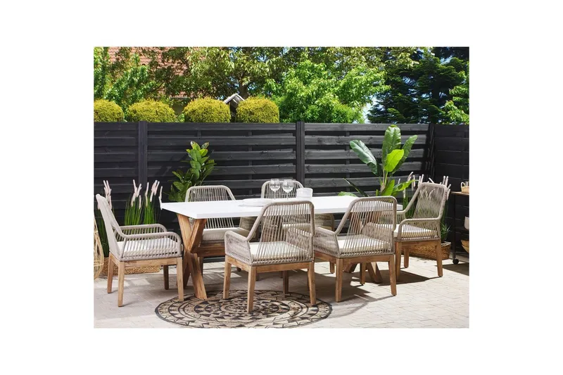 Trädgårdsmöbelset Beliani Olbia 6-sits Krämvit/svart/ljust trä White||Beige||Light wood - Havemøbler - Udendørsgruppe - Havesæt