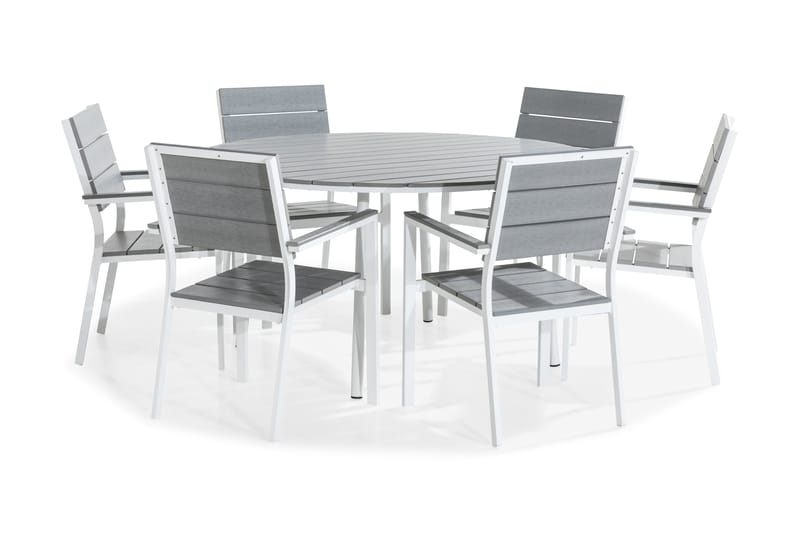 Tunis Spisebordssæt 140 Rund + 6 Stabelstole - Hvid/Grå - Havesæt