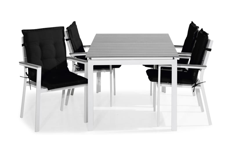 Tunis Spisebordssæt 152-210x90 + 4 Stabelstole m. Hynde - Hvid/Grå/Sort - Havesæt