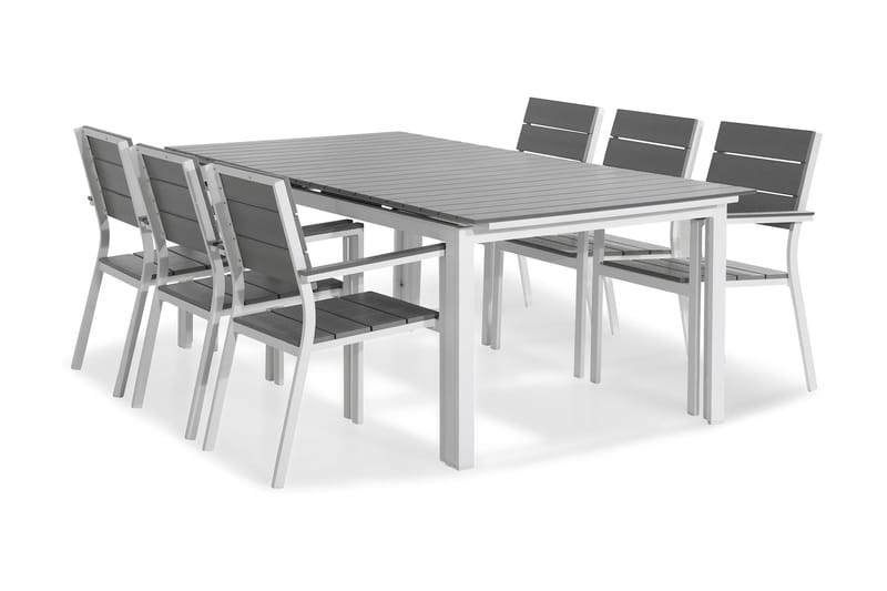 Tunis Spisebordssæt 220-280x90 + 6 Stabelstole - Hvid/Grå - Havesæt