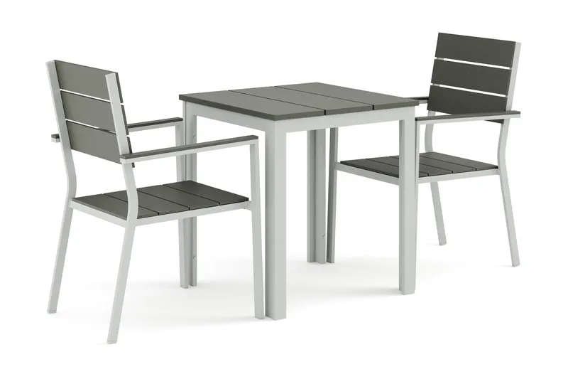 Tunis udendørs cafésæt 70x70 cm med 2 Tunis stabelstole, Hvid/Grå