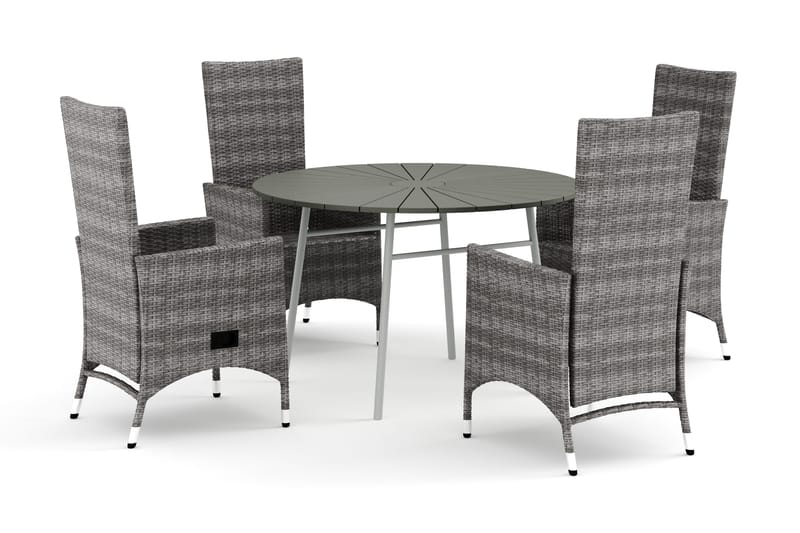 Tunis udendørs rund spisegruppe 120 cm med 4 Jenny spisestole, Hvid/Grå
