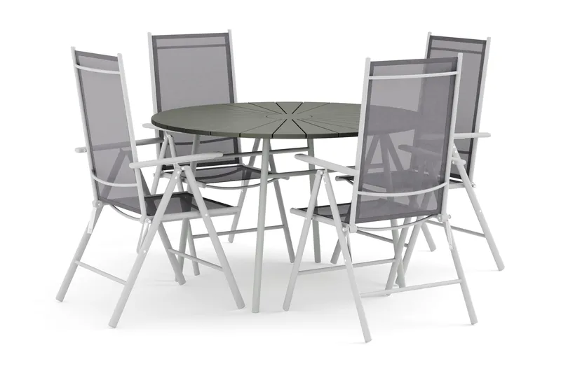 Tunis udendørs rund spisegruppe 120 cm med 4 Maggie positionsstole - Hvid/Grå - Havemøbler - Udendørsgruppe - Havesæt