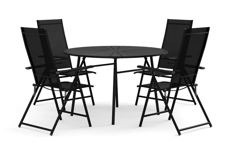 Tunis udendørs rund spisegruppe 120 cm med 4 Sanna positionsstole, Sort/Sort