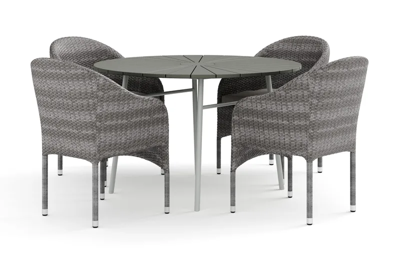 Tunis udendørs rund spisegruppe 120 cm med 4 Thor lænestole - Hvid/Grå - Havemøbler - Udendørsgruppe - Havesæt