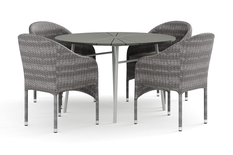 Tunis udendørs rund spisegruppe 120 cm med 4 Thor lænestole, Hvid/Grå