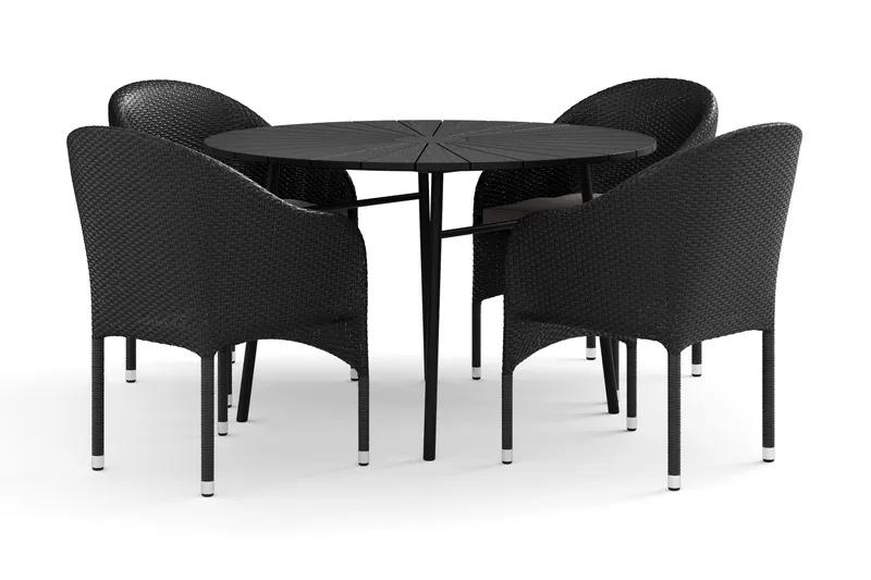 Tunis udendørs rund spisegruppe 120 cm med 4 Thor lænestole, Sort/Sort