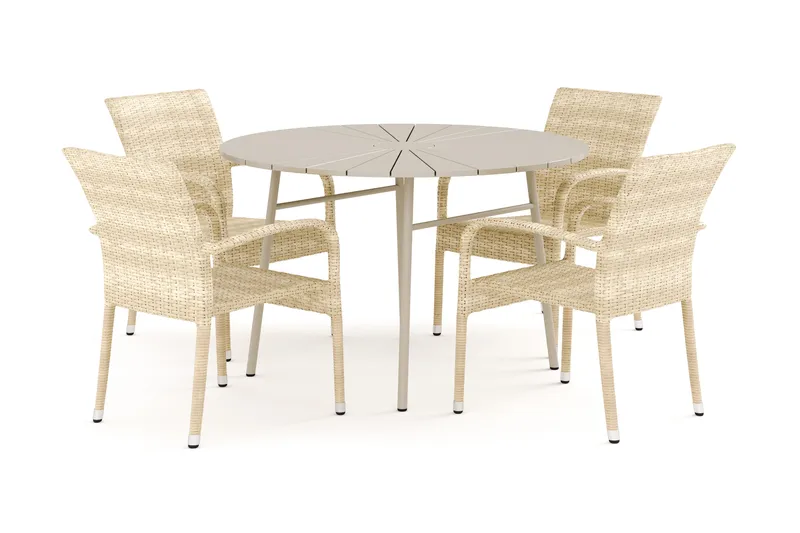 Tunis udendørs rund spisegruppe 120 cm med 4 Thor Light udendørs lænestole, Beige/Beige