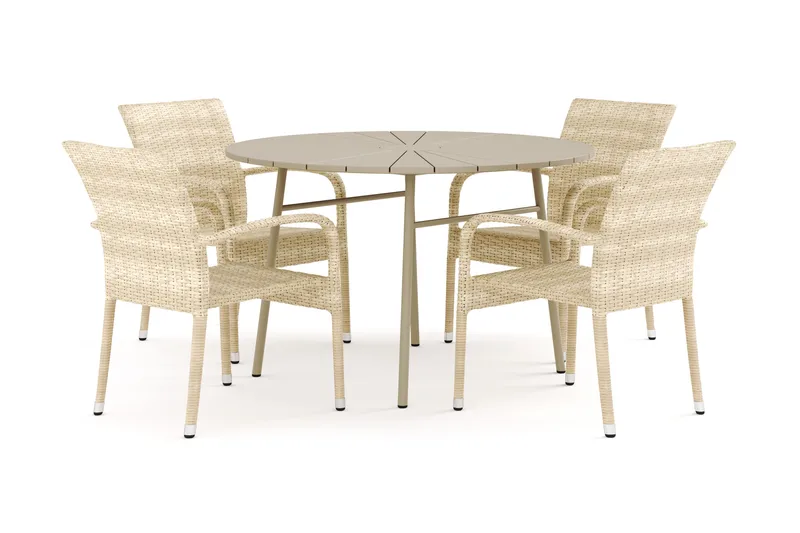 Tunis udendørs rund spisegruppe 120 cm med 4 Thor Light udendørs lænestole, Beige/Beige