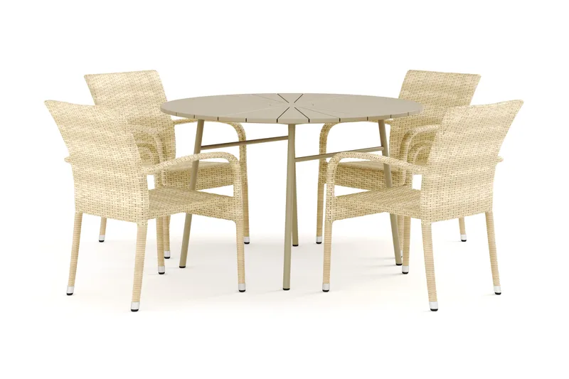 Tunis udendørs rund spisegruppe 120 cm med 4 Thor Light udendørs lænestole - Beige/Beige - Havemøbler - Udendørsgruppe - Havesæt