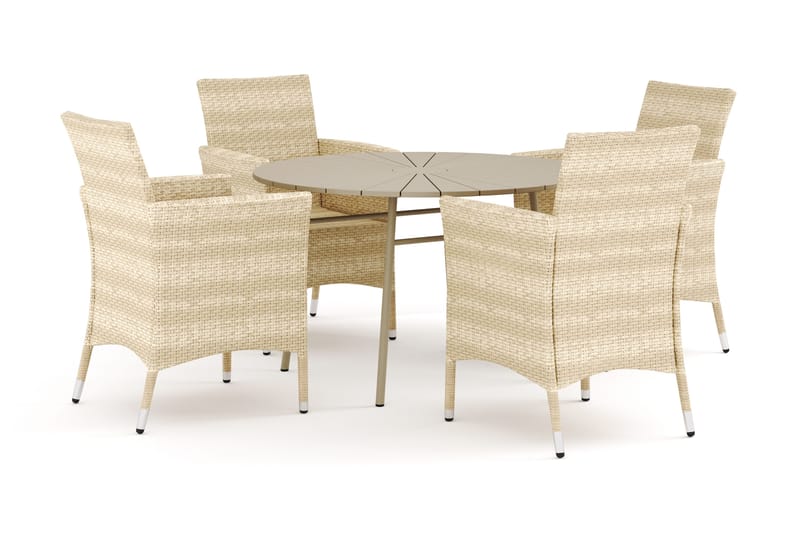 Tunis udendørs rund spisegruppe 120 cm med 4 Thor udendørs lænestole, Beige/Beige