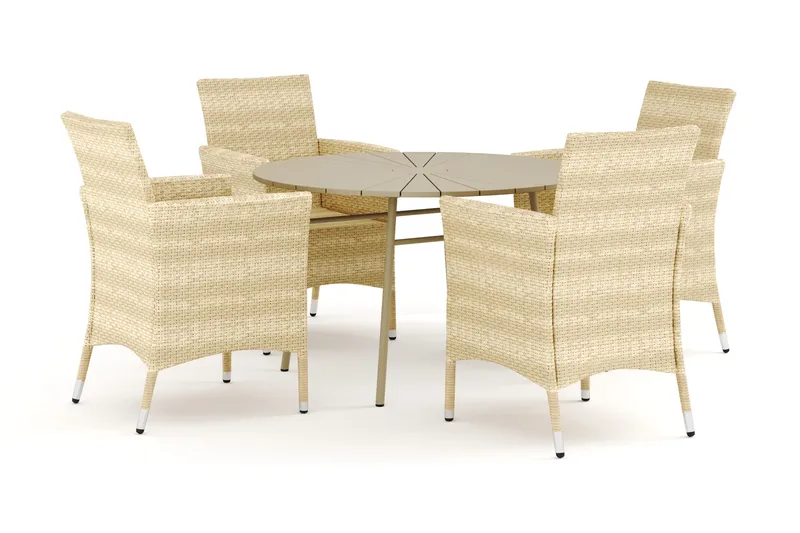 Tunis udendørs rund spisegruppe 120 cm med 4 Thor udendørs lænestole, Beige/Beige