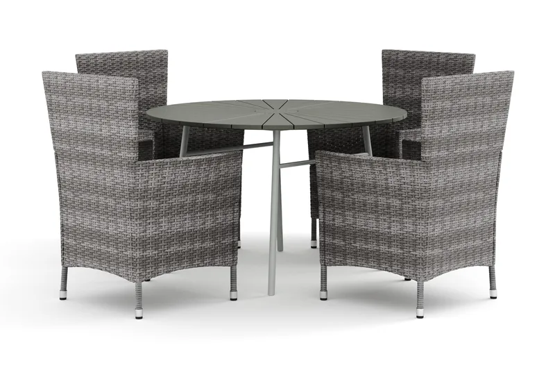 Tunis udendørs rund spisegruppe 120 cm med 4 Thor udendørs lænestole - Hvid/Grå - Havemøbler - Udendørsgruppe - Havesæt