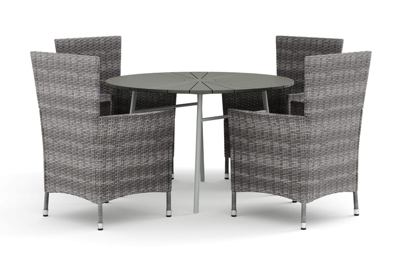 Tunis udendørs rund spisegruppe 120 cm med 4 Thor udendørs lænestole, Hvid/Grå