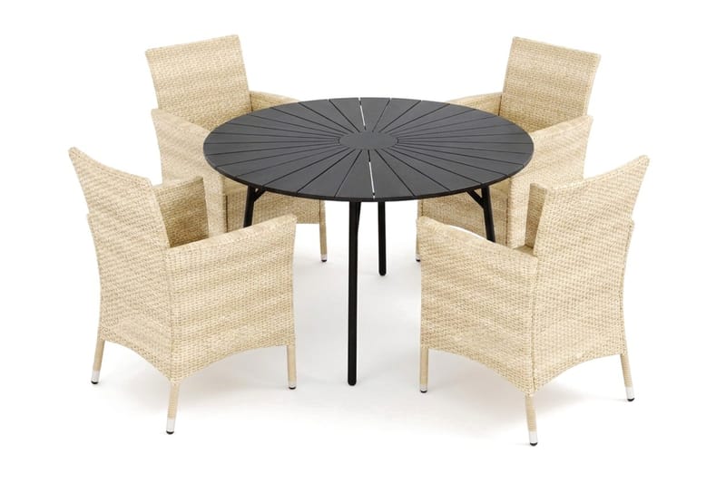 Tunis udendørs rund spisegruppe 120 cm med 4 Thor udendørs lænestole - Sort/Sort - Havemøbler - Udendørsgruppe - Havesæt