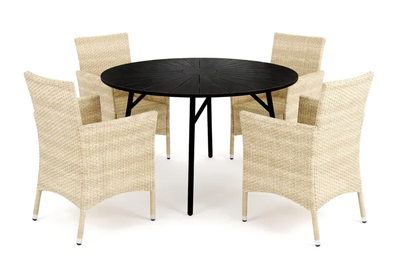 Tunis udendørs rund spisegruppe 120 cm med 4 Thor udendørs lænestole, Sort/Sort