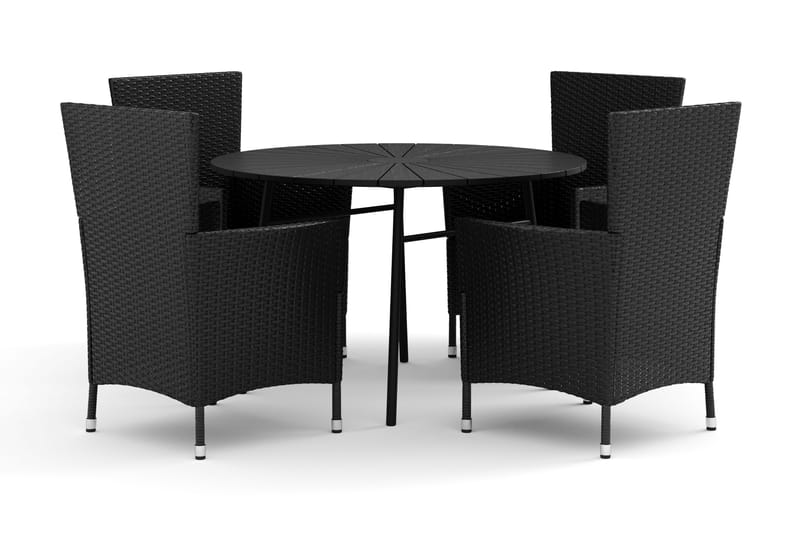 Tunis udendørs rund spisegruppe 120 cm med 4 Thor udendørs lænestole, Sort/Sort