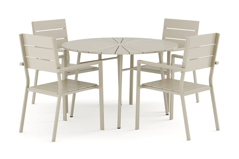 Tunis udendørs rund spisegruppe 120 cm med 4 Tunis stabelstole, Beige/Beige