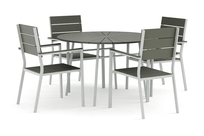 Tunis udendørs rund spisegruppe 120 cm med 4 Tunis stabelstole, Hvid/Grå