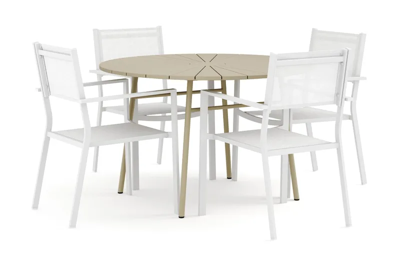 Tunis udendørs rund spisegruppe 120 cm med 4 Tunis stabelstole - Hvid/Grå - Havemøbler - Udendørsgruppe - Havesæt
