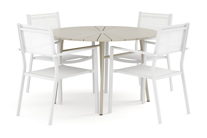 Tunis udendørs rund spisegruppe 120 cm med 4 Tunis stabelstole, Hvid/Grå