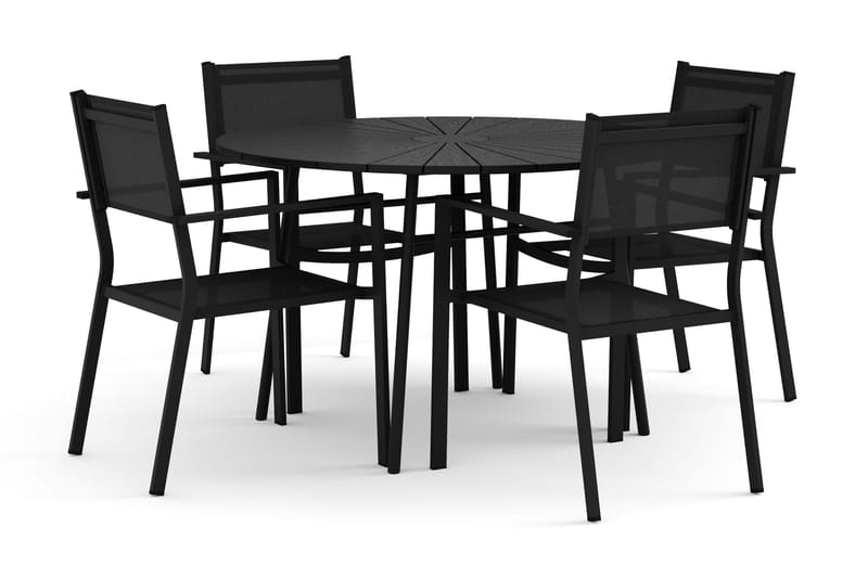 Tunis udendørs rund spisegruppe 120 cm med 4 Tunis stabelstole, Sort/Sort
