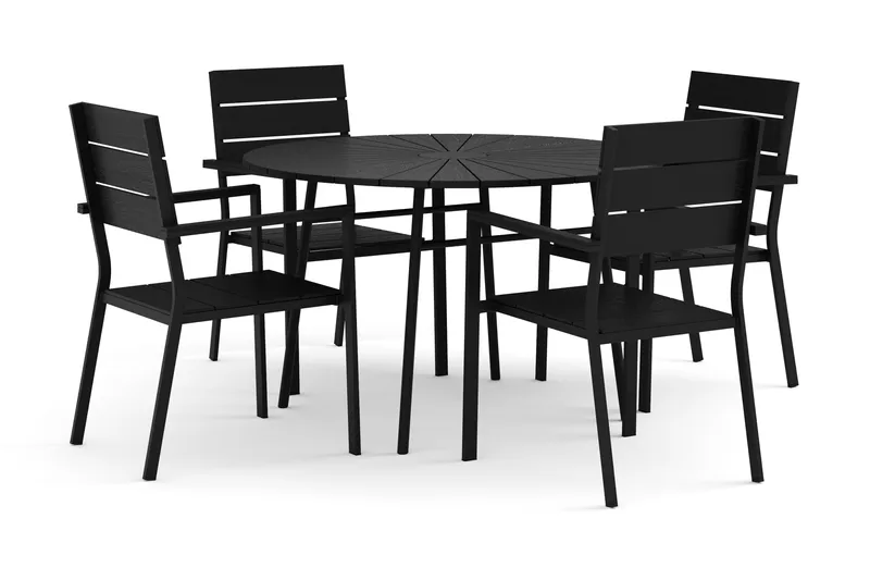 Tunis udendørs rund spisegruppe 120 cm med 4 Tunis stabelstole, Sort/Sort