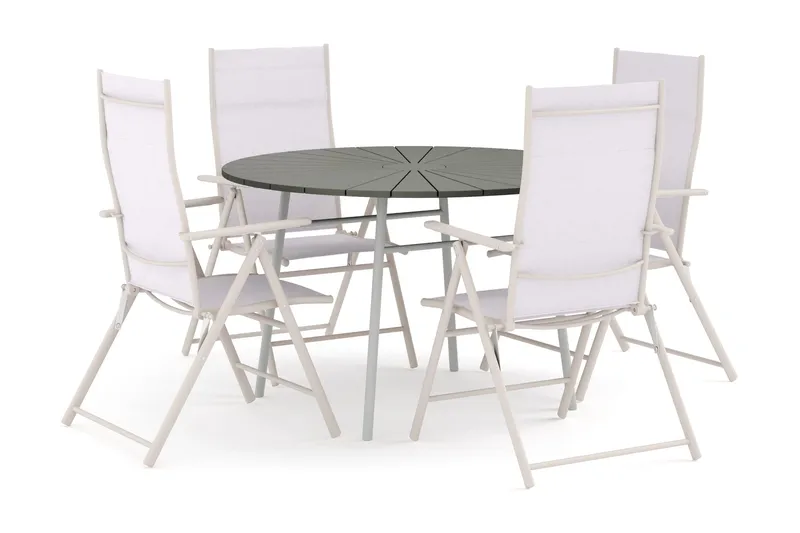 Tunis udendørs rund spisegruppe 120 cm med 4 positionsstole, Hvid/Grå