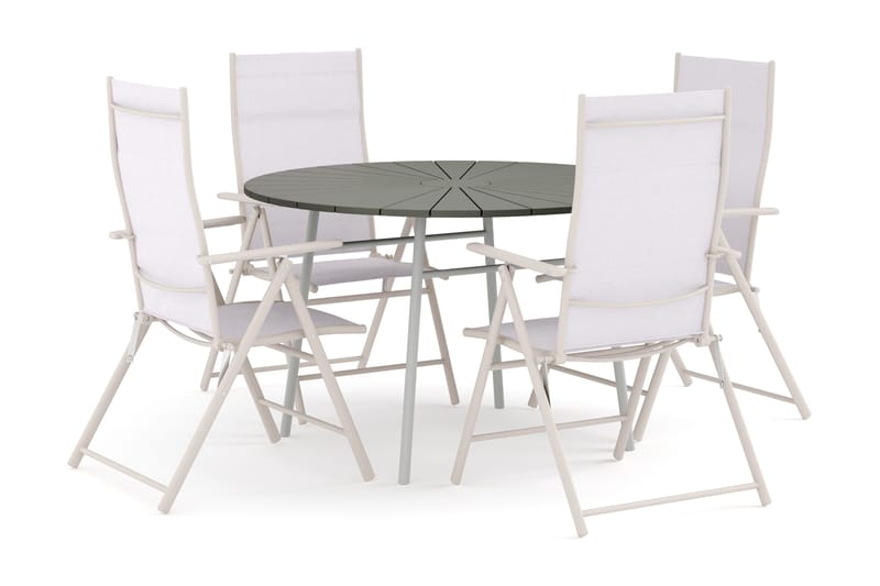 Tunis udendørs rund spisegruppe 120 cm med 4 positionsstole, Hvid/Grå